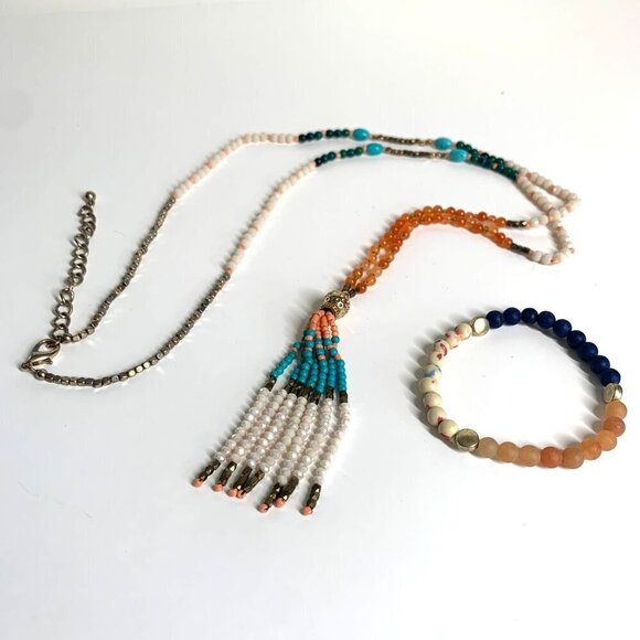 Boho Tassel Beaded Necklace & Stretch Bracelet Set Blue Coral Cream 36"L - Picture 3 of 6